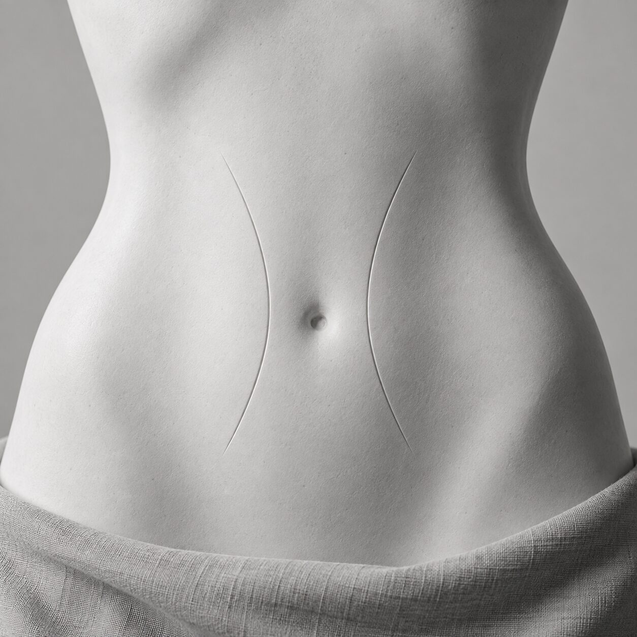 Representação em preto e branco do alinhamento abdominal na cirurgia robótica para diástase